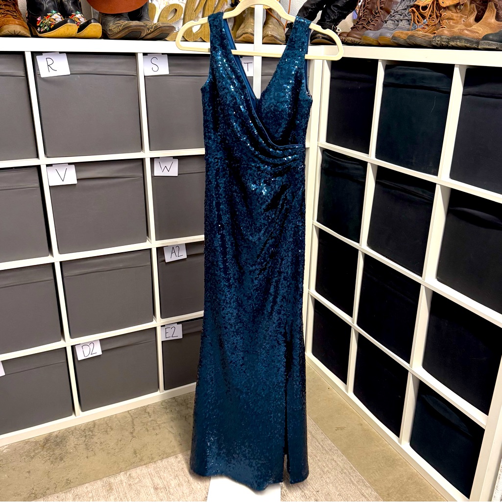 Vince Camuto Elegant Teal Sequin Faux Wrap Formal Evening Gown